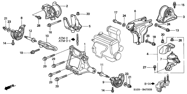 1997 Honda CR-V Bracket, R. FR. Stopper Diagram for 50843-S10-000