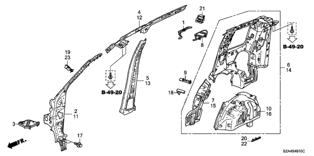2012 Honda Pilot Separator, R. RR. Panel (Inner) Diagram for 64305-SZA-A01