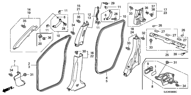 2012 Honda Ridgeline Grommet, Pillar Garnish Diagram for 91561-SDB-A02